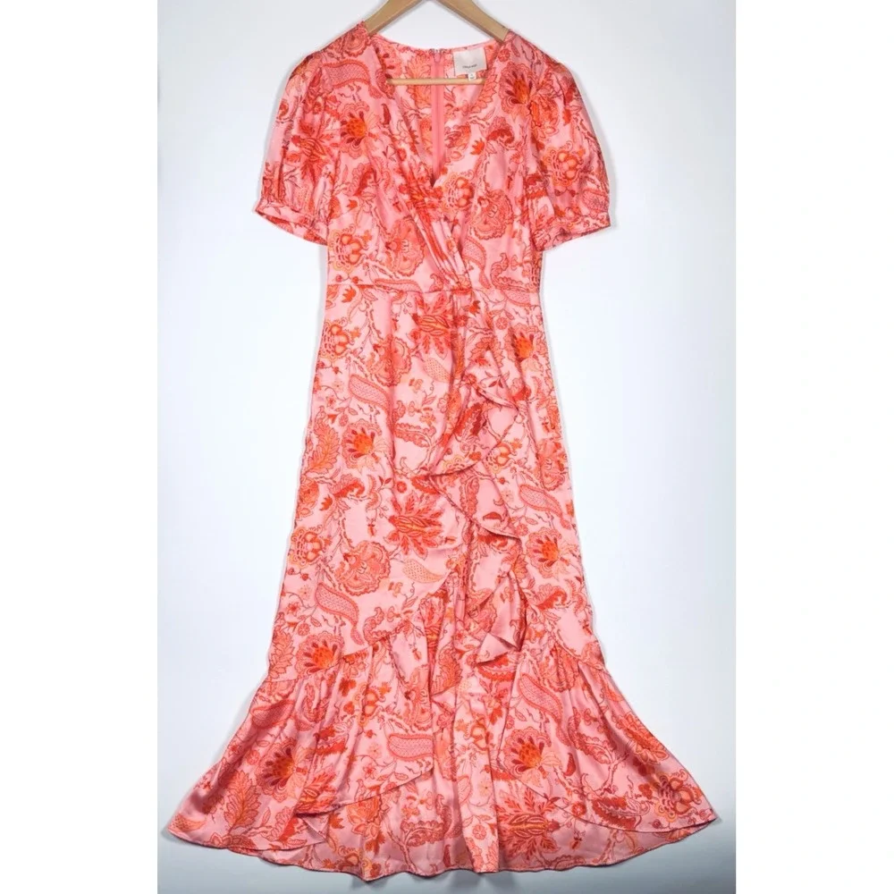5a7 Cinq a Sept Kay Midi Dress Size 2 Pink Orange Floral Ruffle Faux Wrap Party